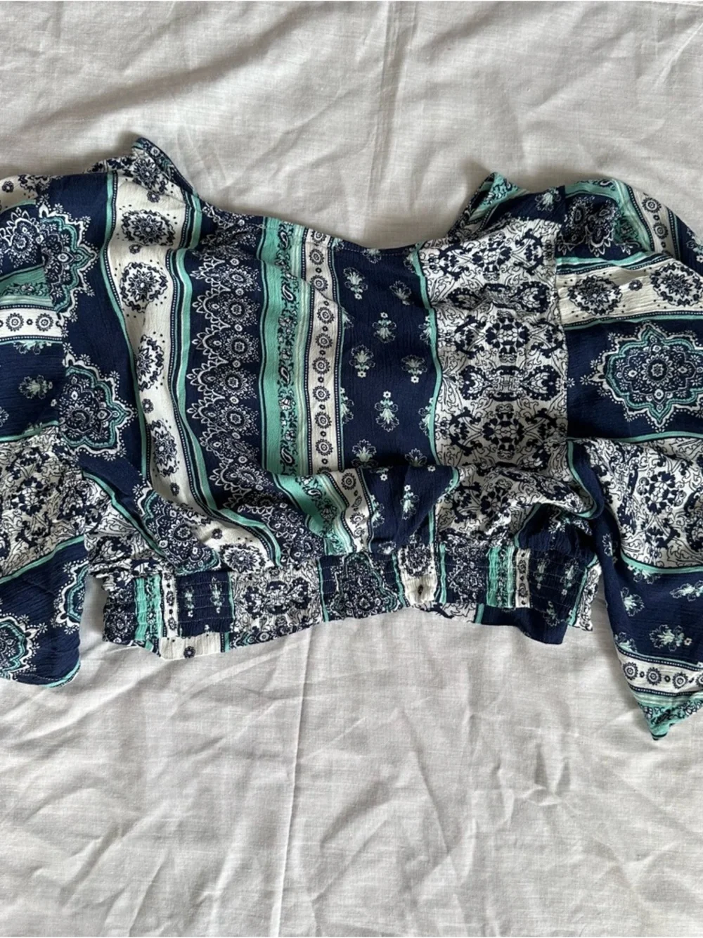 Le Lis Boho Tie Front Crop Top Medium Navy Teal Bell Sleeve - Picture 10 of 14
